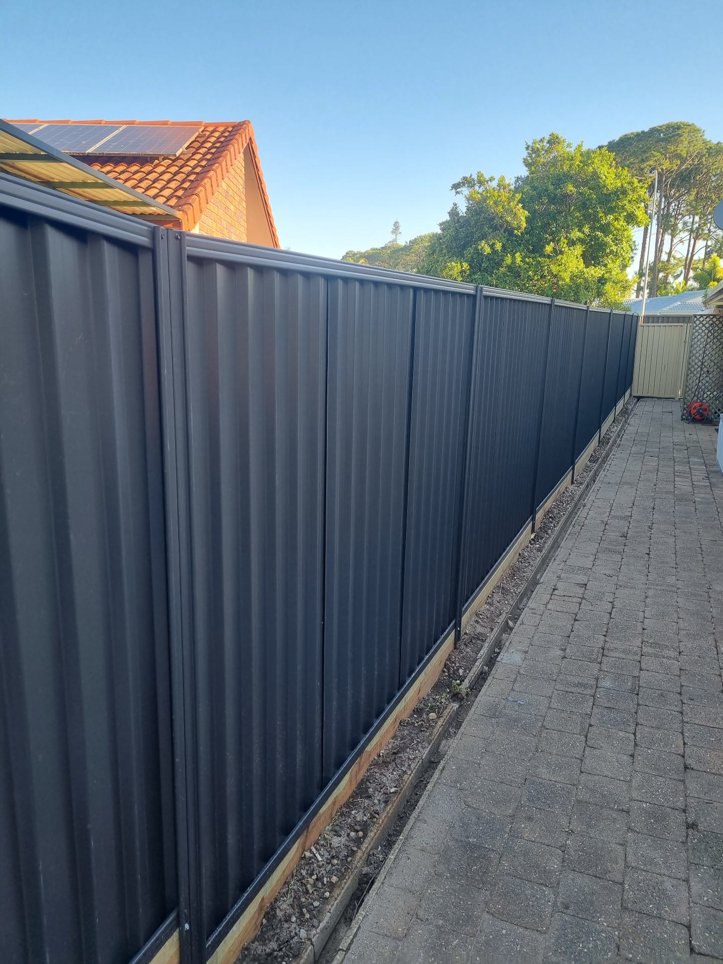 Dark Colorbond boundary fence freshly installed on a Sunshine Coast property.